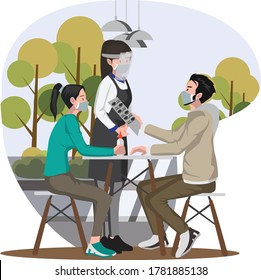 Die Gäste geben der Kellnerillustration ihre Mittagsbestellung ab