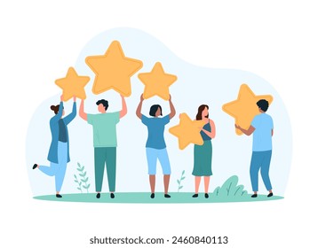 Customers good review, satisfaction and feedback about positive experience. Tiny people hold five yellow stars, clients rate excellence quality, support and award of users cartoon vector illustration