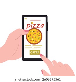 Customer's hand holding smartphone and ordering pizza online from restaurant. people buying pizza online. online pizza delivery. vector illustration.