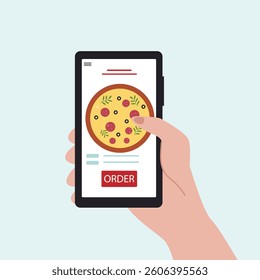 Customer's hand holding smartphone and ordering pizza online from restaurant. people buying pizza online. online pizza delivery. vector illustration.