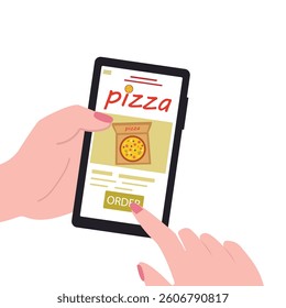 Customer's hand holding smartphone and ordering pizza online from restaurant. people buying pizza online. online pizza delivery. vector illustration.
