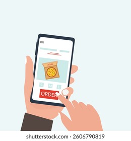Customer's hand holding smartphone and ordering pizza online from restaurant. people buying pizza online. online pizza delivery. vector illustration.