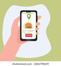 Customer's hand holding smartphone and ordering  burger online from restaurant. people buying  burger online. online  burger delivery. vector illustration.