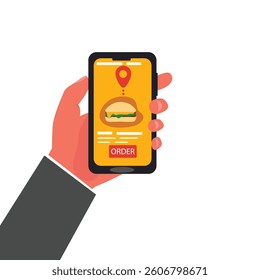 Customer's hand holding smartphone and ordering  burger online from restaurant. people buying  burger online. online  burger delivery. vector illustration.