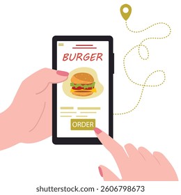 Customer's hand holding smartphone and ordering  burger online from restaurant. people buying  burger online. online  burger delivery. vector illustration.