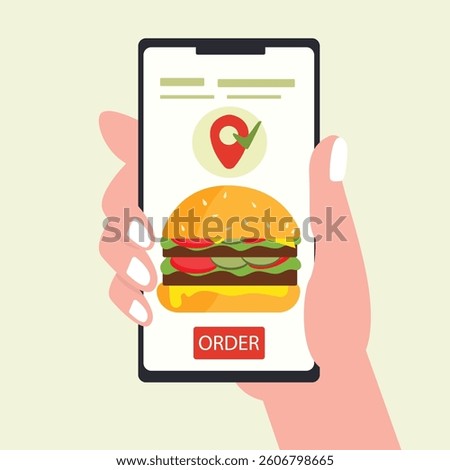 Customer's hand holding smartphone and ordering  burger online from restaurant. people buying  burger online. online  burger delivery. vector illustration.