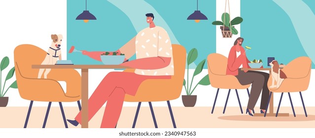 Customers Happily Visit Cafe With Their Furry Companions Enjoying A Pet Friendly Atmosphere, Cartoon Vector Illustration