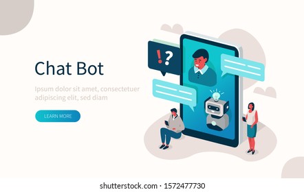 Customers having Dialog with Chat Bot on Smartphone. Characters Chatting with Robot, Asking Questions and receiving Answers. AI Chatbot Support and FAQ Concept. Flat Isometric Vector Illustration. 