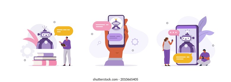 Customers having dialog with chatbot on smartphones. Characters chatting with robot, asking questions and receiving answers. AI assistant support and FAQ concept. Flat cartoon vector illustration. 
