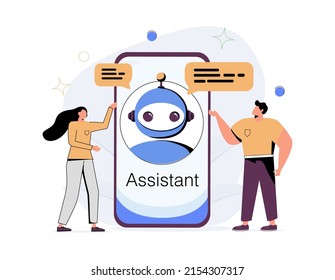 Clientes que tienen diálogo con chatbot en smartphone. Personajes charlando con robots, haciendo preguntas y recibiendo respuestas. Soporte de asistente de IA y concepto de preguntas frecuentes. Ilustración vectorial de dibujos animados planos.