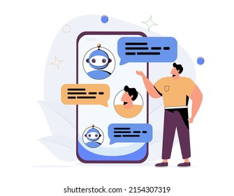Clientes que tienen diálogo con chatbot en smartphone. Personajes charlando con robots, haciendo preguntas y recibiendo respuestas. Soporte de asistente de IA y concepto de preguntas frecuentes. Ilustración vectorial de dibujos animados planos.