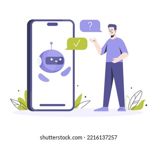 Kunden, die einen Dialog mit dem Chatbot auf Smartphone führen. Ein süßer Roboter auf dem Bildschirm beantwortet Fragen. Chatbot Konzept, Assistent für Support. Einzige flache Illustration auf weißem Hintergrund