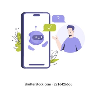 Clientes que tienen diálogo con chatbot en smartphone. Un lindo robot en la pantalla responde preguntas. Concepto de Chatbot, asistente de apoyo. Ilustración plana aislada sobre fondo blanco