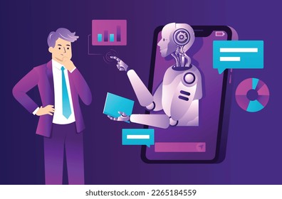 Clientes que tienen diálogo con chatbot en smartphones. Soporte de asistente de IA y concepto de preguntas frecuentes. Ilustración vectorial plana.