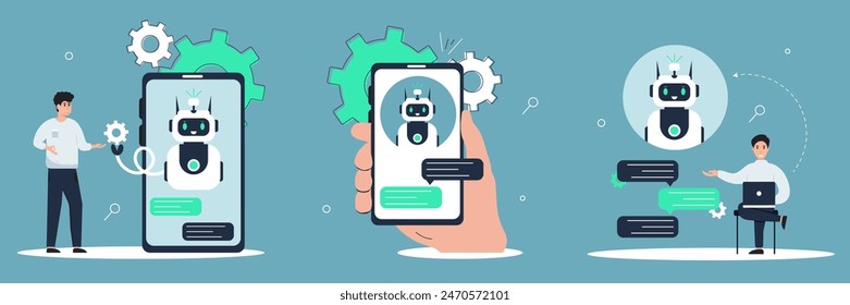 Customers having dialog with chatbot on smartphones. Characters chatting with robot, asking questions and receiving answers. AI chat bot chatting with man provide smart solution idea. Answer questions