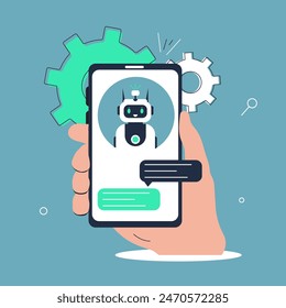 Customers having dialog with chatbot on smartphones. Characters chatting with robot, asking questions and receiving answers. AI chat bot chatting with man provide smart solution idea. Answer questions