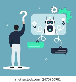 Customers having dialog with chatbot on smartphones. Characters chatting with robot, asking questions and receiving answers. AI chat bot chatting with man provide smart solution idea. Answer questions