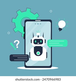 Customers having dialog with chatbot on smartphones. Characters chatting with robot, asking questions and receiving answers. AI chat bot chatting with man provide smart solution idea. Answer questions