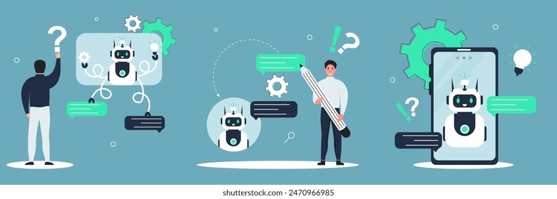 Customers having dialog with chatbot on smartphones. Characters chatting with robot, asking questions and receiving answers. AI chat bot chatting with man provide smart solution idea. Answer questions