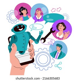 Customers having dialog with chatbot. Robot assistant support and FAQ concept. Flat cartoon vector illustration.
