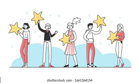 Customers holding review stars flat vector illustration. People giving award for good quality and service. Excellence rating and client feedback concept. Business satisfaction support for banner.