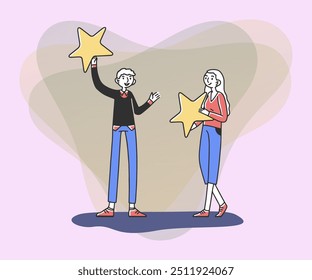 Customers holding review stars vector illustration. People giving award for good quality and service. Excellence rating and client feedback concept. Business satisfaction support for banner.