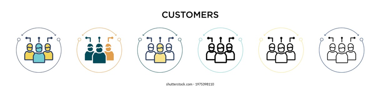Customers icon in filled, thin line, outline and stroke style. Vector illustration of two colored and black customers vector icons designs can be used for mobile, ui, web
