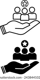 Customers Icons. Black and White Vector Icons. Important People on the Hand. Retention and Protection of Clients. Core Values Concept