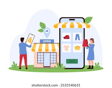 Customers interacting with an online retail platform via smartphones. Digital storefront and shopping app interface featured prominently vector illustration.