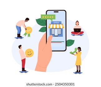 Customers interacting with an online shopping platform via mobile devices. Hand holding a smartphone with a digital storefront and rating system prominently displayed vector illustration.