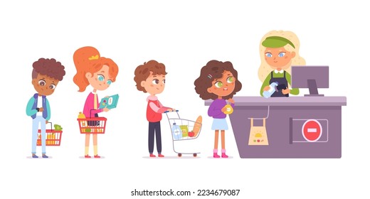 Customers kids in queue vector illustration. Children buyers in grocery store at cash desk with cashier characters. Consumers boys and girls in supermarket buying goods. Market shopping