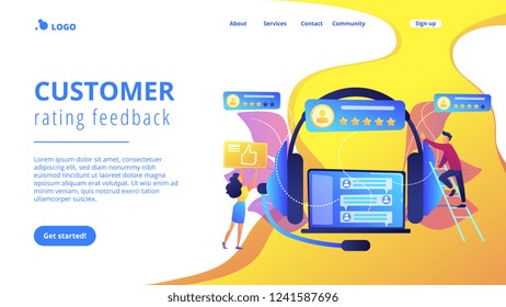 Customers at laptop and headset giving thumb up, rating stars. Customer feedback, customer rating feedback, customer relationship management concept. Website vibrant violet landing web page template.