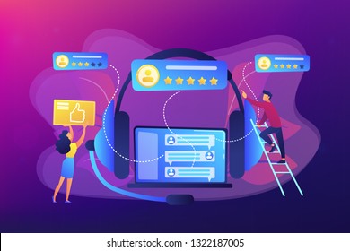 Customers at laptop and headset giving thumb up, rating stars. Customer feedback, customer rating feedback, customer relationship management concept. Bright vibrant violet vector isolated illustration