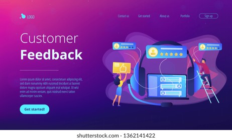 Customers at laptop and headset giving thumb up, rating stars. Customer feedback, customer rating feedback, customer relationship management concept. Website vibrant violet landing web page template.