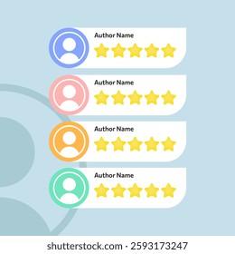 Customers leave 5-star reviews in the comments section of forums, pages, or online shopping websites. Illustration vector