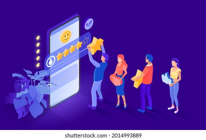 Customers leave reviews in the application on the phone, 5 stars, like, class. Business reputation. Vector isometry