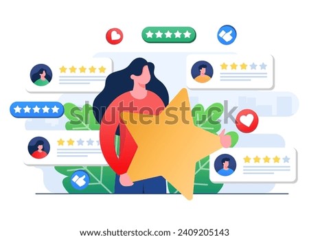 Customers leaving feedbacks to product, service, app, website, Ratings and review concept flat vector illustration, Satisfaction level, User experience, recommendations, Survey, Woman holding star