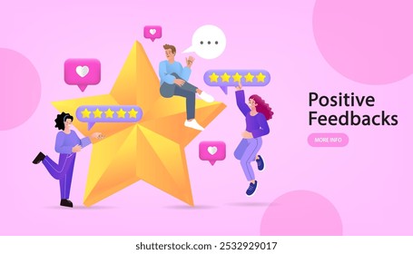 Customers leaving positive feedbacks to product. Ratings and review concept. Satisfaction level. User experience, recommendations, Survey. leaving comment with 5 stars rating. flat vector illustration