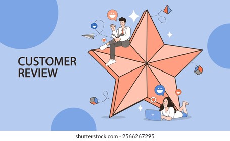 Customers leaving positive feedbacks to product. Ratings and review concept. Satisfaction level. User experience, recommendations, Survey. leaving comment with 5 stars rating. flat vector illustration