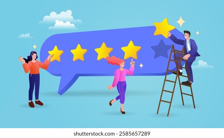 Customers leaving positive feedbacks to product. Ratings and review concept. Satisfaction level. User experience, recommendations, Survey. leaving comment with 5 stars rating. flat vector illustration
