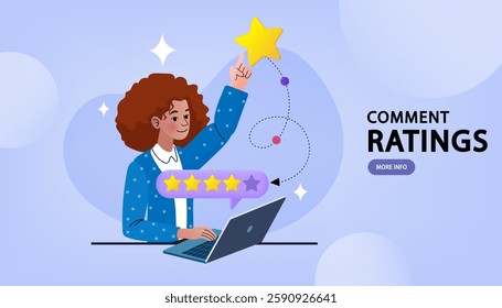 Customers leaving positive feedbacks to product. Ratings and review concept. Satisfaction level. User experience, recommendations, Survey. leaving comment with 5 stars rating. flat vector illustration
