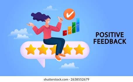 Customers leaving positive feedbacks to product. Ratings and review concept. Satisfaction level. User experience, recommendations, Survey. leaving comment with 5 stars rating. flat vector illustration