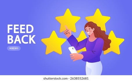 Customers leaving positive feedbacks to product. Ratings and review concept. Satisfaction level. User experience, recommendations, Survey. leaving comment with 5 stars rating. flat vector illustration