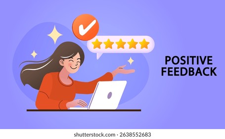 Customers leaving positive feedbacks to product. Ratings and review concept. Satisfaction level. User experience, recommendations, Survey. leaving comment with 5 stars rating. flat vector illustration