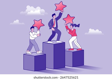 Clientes deixando feedback positivo para o produto. Notações e conceito de revisão. Nível de satisfação. Experiência do usuário, recomendações, pesquisa. deixando comentário com classificação de 5 estrelas. ilustração vetor plana