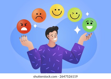 Clientes deixando feedback positivo para o produto. Notações e conceito de revisão. Nível de satisfação. Experiência do usuário, recomendações, pesquisa. deixando comentário com classificação de 5 estrelas. ilustração vetor plana