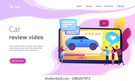 Customers like video with experts and modern car review with rating stars. Car review video, test-drive channel, auto video advertising concept. Website vibrant violet landing web page template.