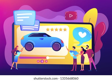 Customers like video with experts and modern car review with rating stars. Car review video, test-drive channel, auto video advertising concept. Bright vibrant violet vector isolated illustration