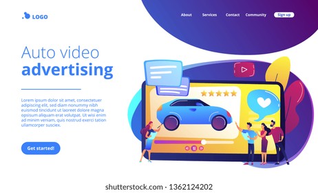 Customers like video with experts and modern car review with rating stars. Car review video, test-drive channel, auto video advertising concept. Website vibrant violet landing web page template.