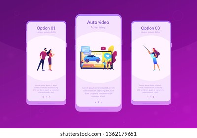 Customers like video with experts and modern car review with rating stars. Car review video, test-drive channel, auto video advertising concept. Mobile UI UX GUI template, app interface wireframe